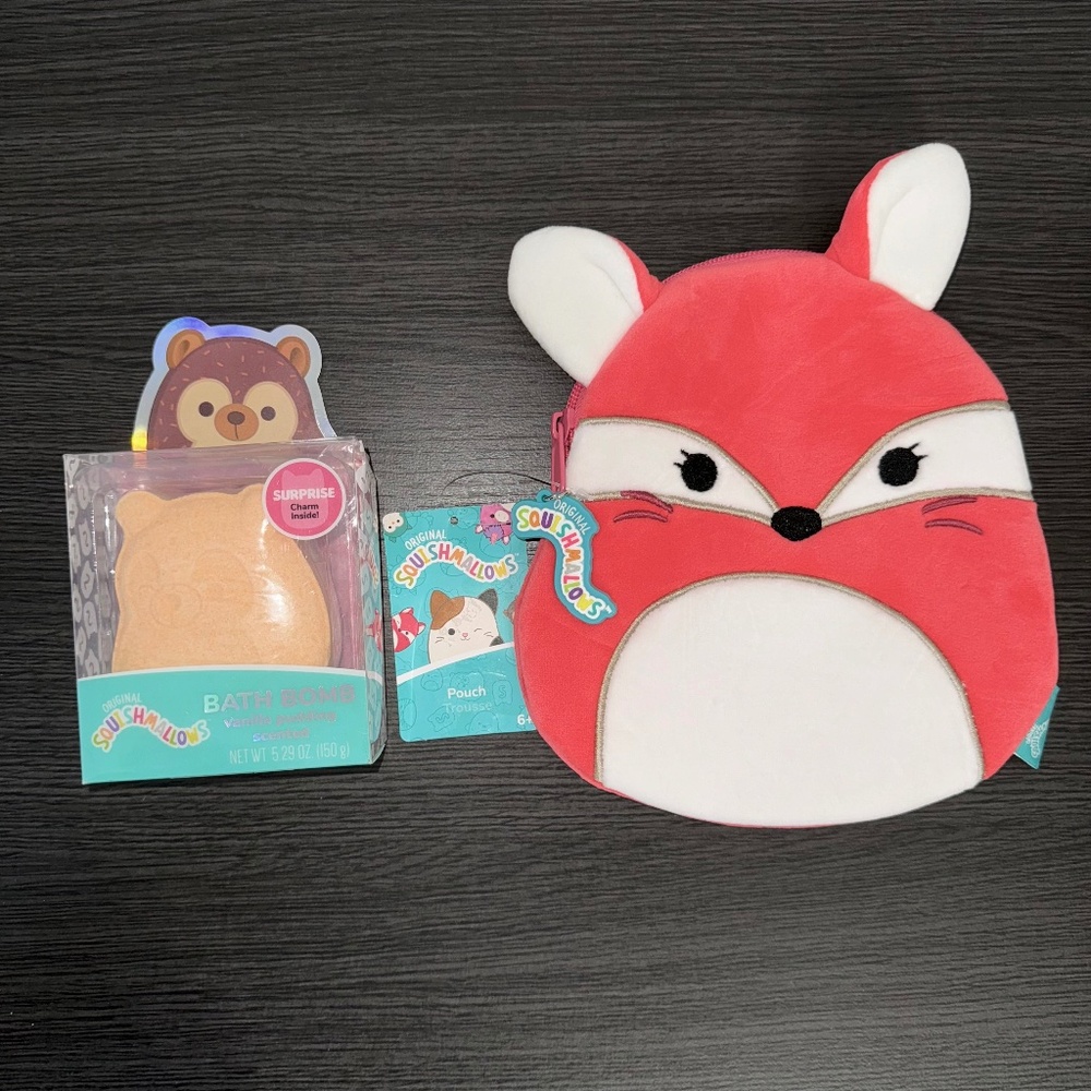 🦊Squishmallow Fifi the Fox Pouch & Vanilla Pudding Bath Bomb w/ surprise Charm